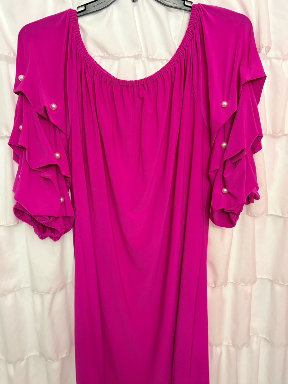 Magenta Midi Dress with Ruffle Pearl-Trim Sleeves